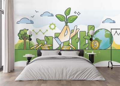 Impact investing and nature friendly or sustainable funding outline concept. Ethical business model with green and environmental goal vector illustration. Financial profit with ecological project. Wall mural