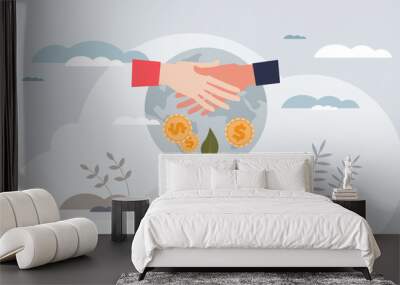 Impact investing with environmental, sustainable finances tiny person concept. Nature friendly or ecological project funding with green money vector illustration. Global economy sustainability growth Wall mural