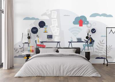 Impact of transformation and digital paper file storage tiny person concept, transparent background. Technological innovation for effective work and digitization illustration. Wall mural