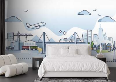 Infrastructure as city transport structures and facilities outline concept. Urban modern town scene with transportation types vector illustration. Dynamic metropolis with plane, truck, ship and train. Wall mural