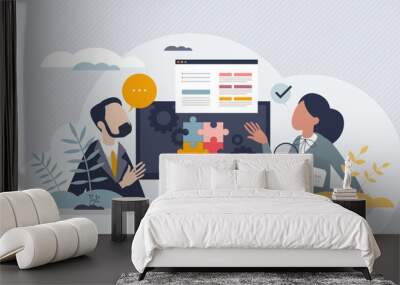 Interactive learning and study from digital materials tiny person concept. E-learning education system with innovative tech online platform for research, analysis and knowledge vector illustration. Wall mural