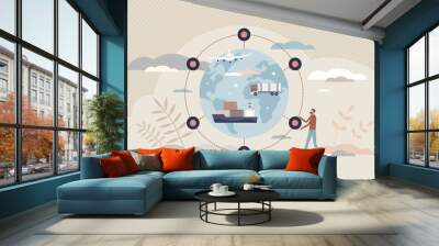 International distribution and global shipping service tiny person concept. Freight cargo carrier company with worldwide export connections using air, sea or land transportation vector illustration. Wall mural