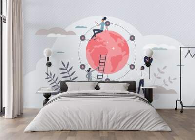 International distribution with worldwide export shipping tiny person concept. Global delivery service with warehouse chain coverage vector illustration. Large shipment network for location connection Wall mural