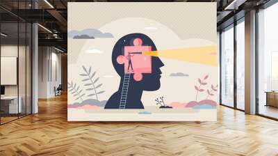 Intuition or future vision sight as ability to predict tiny person concept. Visionary skills with unconscious understanding about anticipation vector illustration. Inner feeling trust to make decision Wall mural