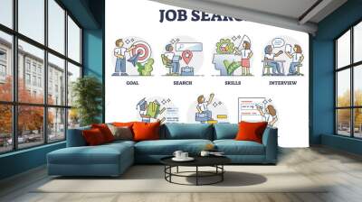 Job search, recruitment and employment scenes in outline career collection, transparent background. Hiring human resource candidates with headhunting service illustration. Wall mural