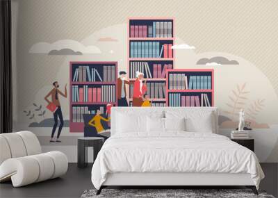 Library for book and literature reading and learning tiny person concept. Archive study and search for information in old textbooks vector illustration. Encyclopedia resource storage in bookshelf. Wall mural