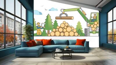 Logging wood pile as professional industrial forest tree cut outline concept Wall mural