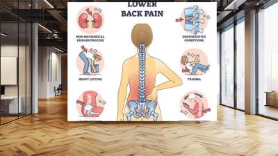 Lower back pain and painful body backbone skeleton causes outline diagram. Labeled educational scheme with explanation of medical condition after disease process or sitting posture vector illustration Wall mural