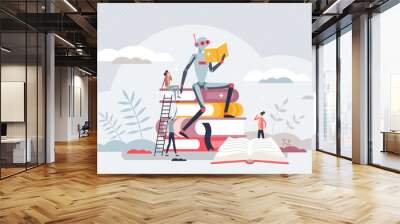 Machine learning as robot reading books with AI tech tiny person concept. Artificial intelligence mind development with self growth and automatic data gathering vector illustration. High tech cyborg. Wall mural