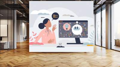 Machine learning course and AI tech skills development tiny person concept. Artificial intelligence teaching and algorithm specialist vector illustration. Technology improvement with smart programming Wall mural