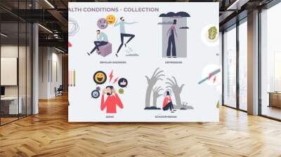 Mental health conditions and mind problems list tiny person collection set. Labeled elements with anxiety, bipolar disorder and depression medical diseases vector illustration. Cognitive difficulties Wall mural