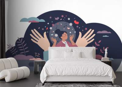 Mental self care for emotional balance and health harmony tiny person concept, transparent background. Psychological support and wellness for female with self acceptance and esteem illustration. Wall mural