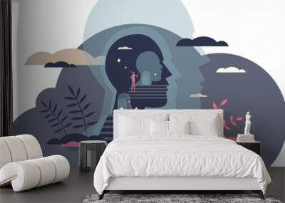 Mind exploring with personality and individuality search tiny person concept, transparent background. Self awareness and mental head exploration with psychological therapy and education illustration. Wall mural