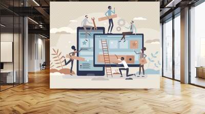 Mobile app development and application design coding tiny person concept. Smartphone software programming or website optimization with teamwork and productive testing cooperation vector illustration. Wall mural