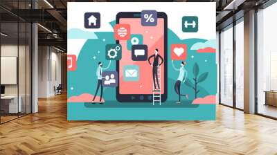 Mobile app illustration, transparent background. Flat tiny phone application persons concept. Digital device software creation, programming and development. Wall mural