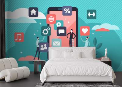 Mobile app vector illustration. Flat tiny phone application persons concept Wall mural