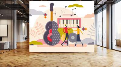 Music festival abstract concept, flat tiny person illustration, transparent background. Musical party event with stylized instruments and dancing fun couple. Wall mural