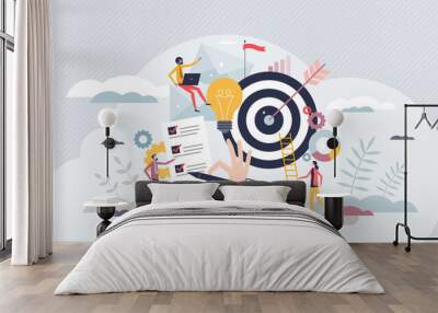 Objective achievement or business goal success management tiny person concept. Aim and focus for work target vector illustration. Efficiency and ambition to accomplish perfect result. Accuracy winner. Wall mural