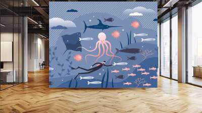 Ocean life with underwater fauna in tiny persons concept vector illustration Wall mural