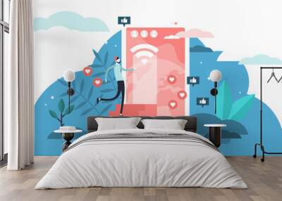 Online illustration, transparent background. Flat tiny user connected to web persons concept. Technological communication using social media and cyberspace services. Wall mural