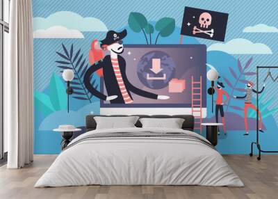 Online piracy vector illustration. Flat tiny illegal hacker persons concept Wall mural