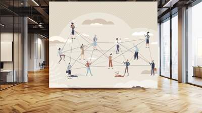 Open communication and employees thoughts sharing tiny person concept. Business model with free ideas exchanging and discussion around all partners vector illustration. Group connection network. Wall mural