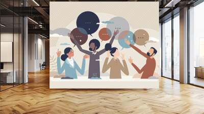 Open communication and free partner thoughts sharing tiny person concept. Business teamwork with idea brainstorming or opinion diversity for successful employee discussion exchange vector illustration Wall mural