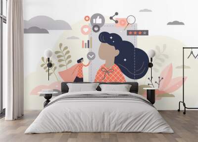 Personal branding influencer marketing concept, flat tiny person illustration, transparent background. Creative personality building community around original content and giving life. Wall mural