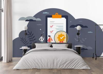 Product quality control and standard inspection approval tiny person concept, transparent background. Guarantee good service satisfaction for customer with certificate award illustration. Wall mural