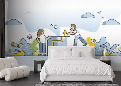 Project planning and control or business strategy management outline concept. Teamwork success for development or growth vector illustration. Achievement after company changes or innovation execution. Wall mural