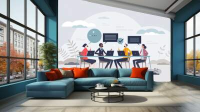 Project strategy team meeting or business future planning analysis tiny person concept. Brainstorm teamwork with talking process for discussion, presentation or idea management vector illustration. Wall mural