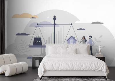 Property tax as heavy government home expenses burden tiny person concept, transparent background. Financial payment as scales with house and weight comparison illustration. Wall mural