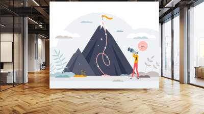 Reaching goals and successful top target achievement tiny person concept, transparent background. Business challenge accomplishment with determination, ambitions and motivation illustration. Wall mural