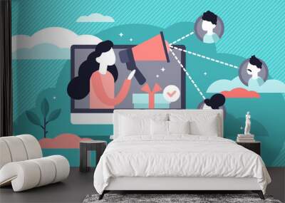 Referral vector illustration. Flat tiny products promotion persons concept. Wall mural