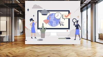 Remote learning and online education course tiny person neubrutalism concept. International or global study using web platforms as effective and flexible solution for knowledge vector illustration. Wall mural