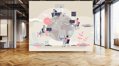 Remote work with distant employee network in internet tiny person concept. Company virtual meeting, information exchange or data sharing with working from home vector illustration. Flexible workplace. Wall mural