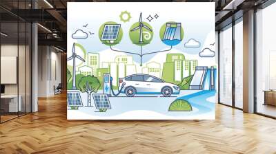 Renewable energy technologies and sustainable resource usage outline concept. Solar panels, wind turbines and hydroelectric station for power production from renewable materials vector illustration. Wall mural