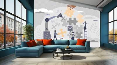 Robot teamwork puzzle as factory 4.0 manufacturing automation tiny person concept. Futuristic scene with technology assistance and business development with engineering advantage vector illustration. Wall mural