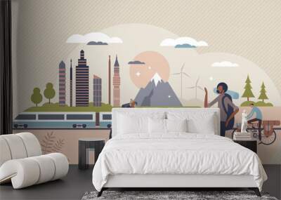 Save earth and consider your travel to reduce CO2 footprint tiny person concept. Support local tourism and explore nearby places for ecotourism and sustainable transportation vector illustration. Wall mural