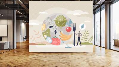 Save earth and eat more vegetables instead of meat tiny person concept. Avoid animal products and dairy for healthy lifestyle and ecological earth protection vector illustration. Fruits and veggies. Wall mural