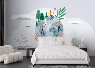 Save the planet and environment protection community tiny person concept. Ecological lifestyle and vulnerable earth awareness or care vector illustration. Support sustainable temperature conservation. Wall mural