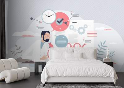 Scientific research with biochemistry test or examination tiny person concept. Professional work process with microscope and DNA gene examples vector illustration. Biological innovation breakthrough. Wall mural