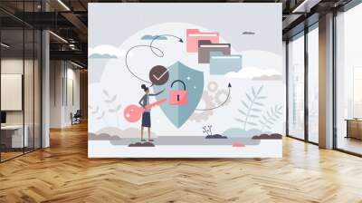 Secure access with privacy data security and protection tiny person concept. Confidential file accessibility and cloud usage for identity hiding vector illustration. Information encryption for web. Wall mural