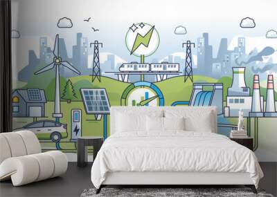 Smart grid electricity for effective and green power flow outline concept. Wiring network for urban environment using renewable solar or wind resources vector illustration. Green energy production. Wall mural