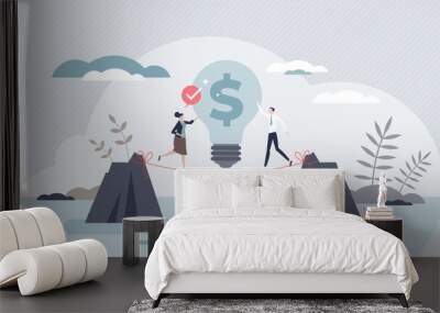 Startup entrepreneur as innovative and perspective idea funding or financial support tiny person concept. Business development with money raising vector illustration. Collaboration with businessman. Wall mural