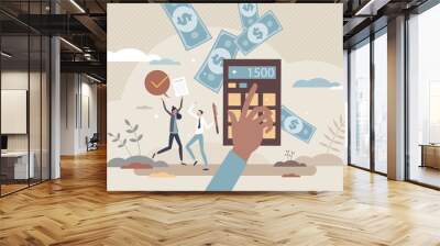 Tax refund and financial income after VAT calculation tiny person concept. Paying back government overpayment after receiving budget report vector illustration. Happy citizens with successful balance. Wall mural