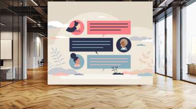 Team chat messages and text writing communication app tiny person concept. Application with group discussions option for distant information exchange vector illustration. Remote teamwork meeting. Wall mural