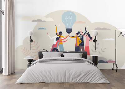 Teamwork creative success and business idea development tiny person concept, transparent background. Creativity and innovation as key for successful marketing or new product illustration. Wall mural