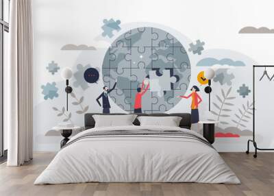 Teamwork in sustainability and make green future together tiny person concept, transparent background. Social work and nature friendly community with strong partnership and collaboration. Wall mural