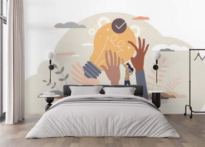 Teamwork innovation as group idea and collaboration tiny person concept, transparent background. Creative project brainstorming and partnership cooperation illustration. Wall mural